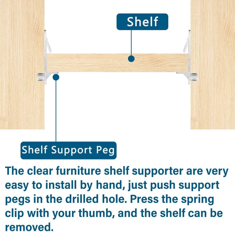 LonlyEagle 20pcs Plastic Locking Shelf Support Pegs,7.9mm Shelf Pin,Self-Locking Bracket Clips,Clear Shelf Pegs for for Kitchen Cabinet Furniture Book Shelves, 5/16" Peg x 3/4" Thick Shelves - Image 3